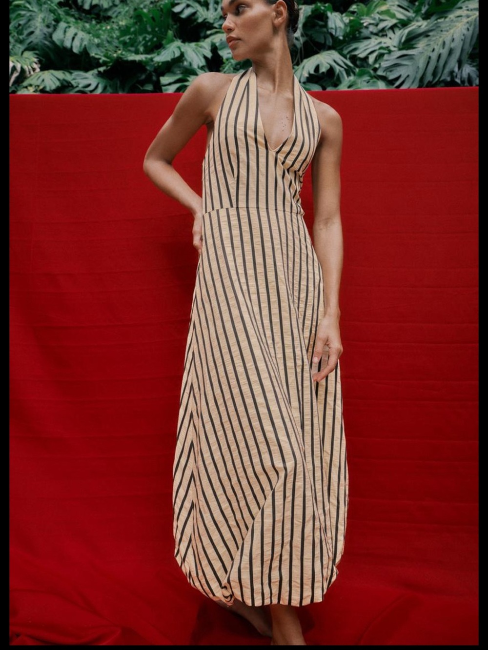 Zara Beige and Black Striped Halter Maxi Dress
